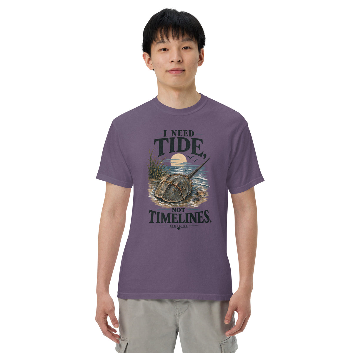 I Need Tides Not Timelines Horseshoe Crab T-Shirt in Grape, front view premium-quality garment detail