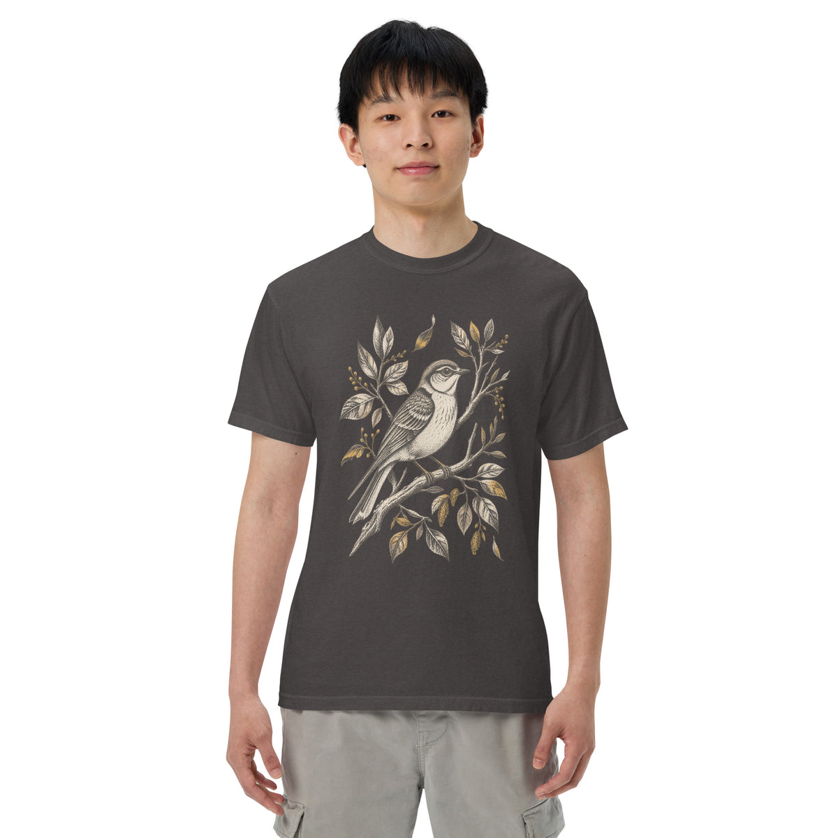 Songbird Study T-Shirt in Graphite, front view premium-quality garment detail