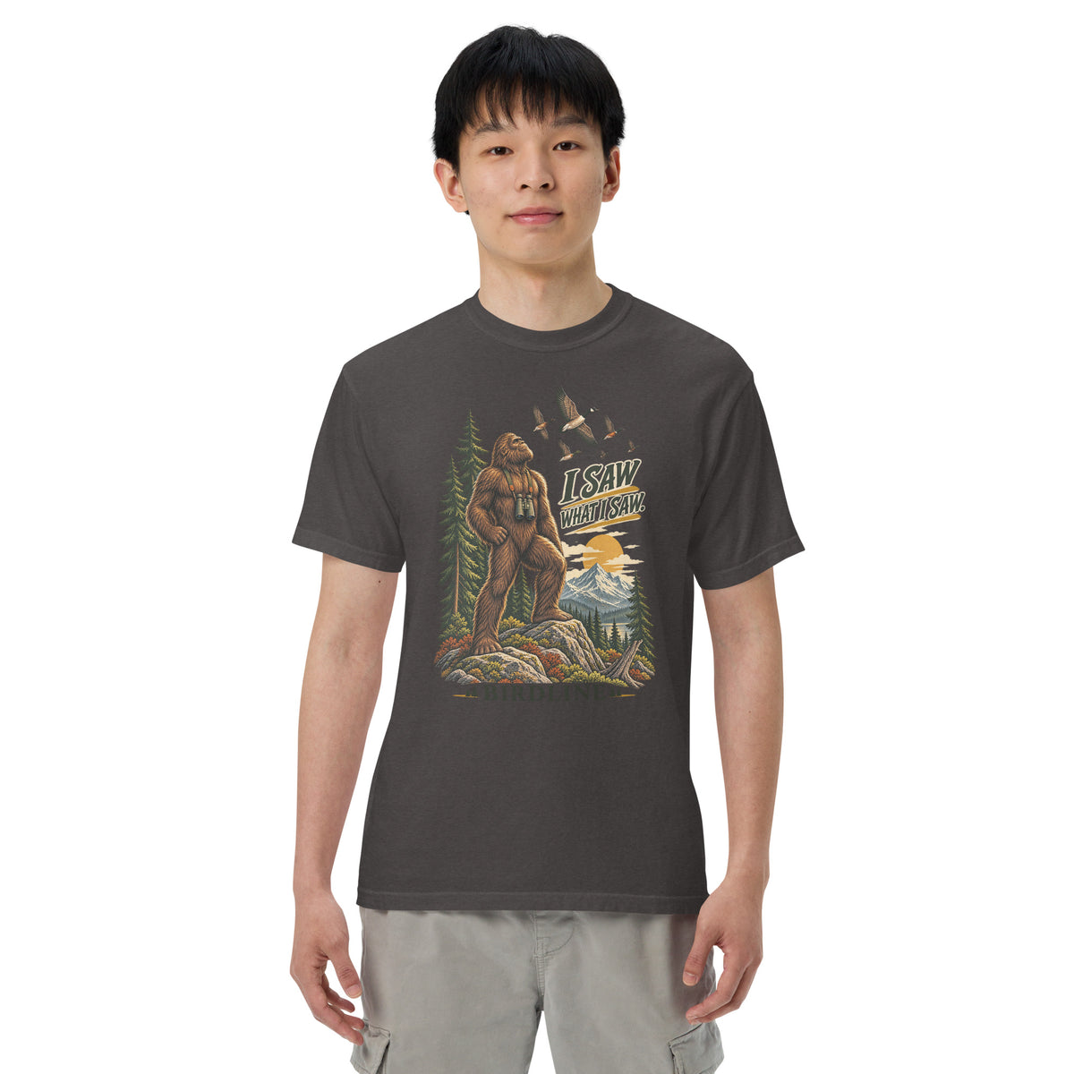 I Saw What I Saw Bigfoot T-Shirt in Graphite, front view premium-quality garment detail