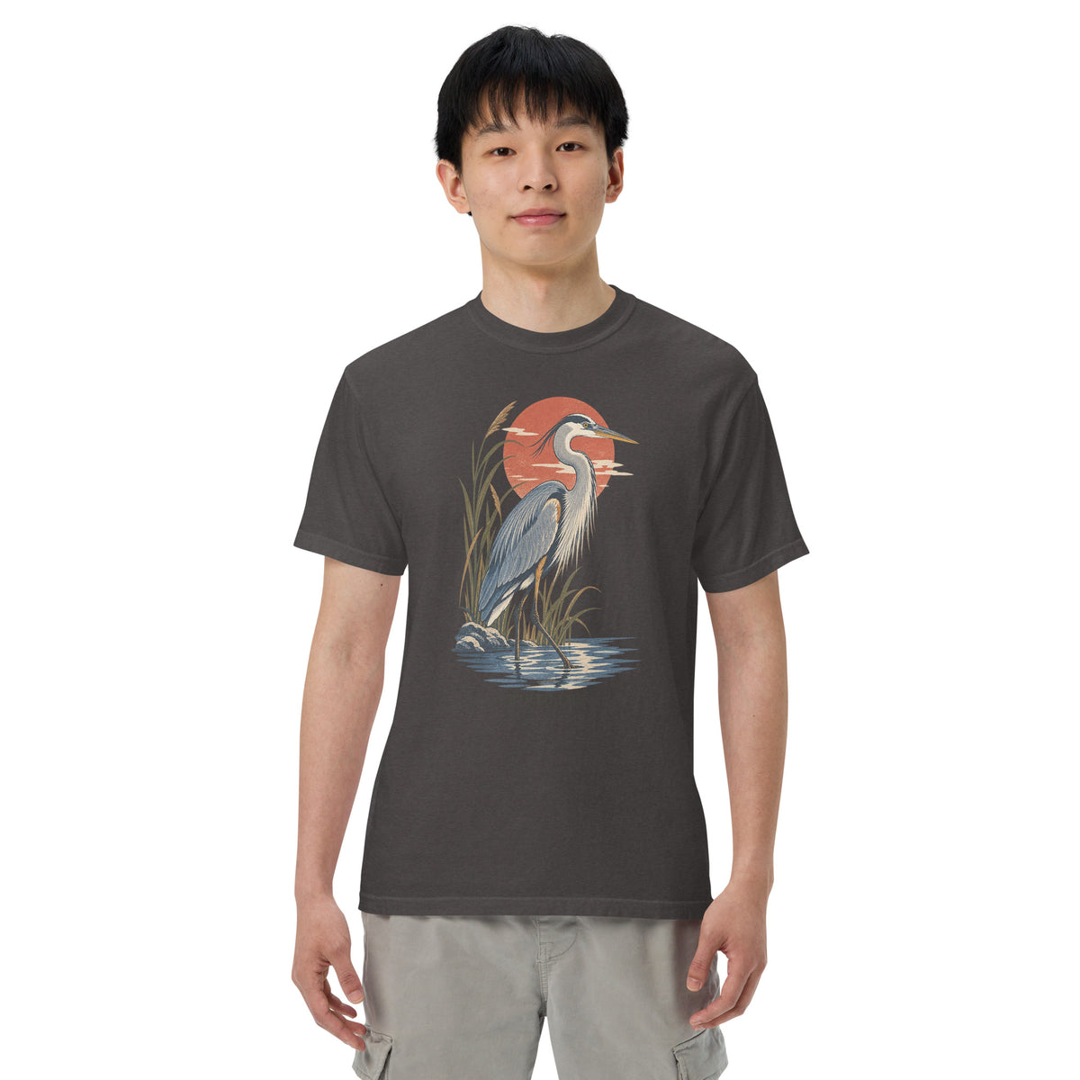 Great Blue Heron Sunset T-Shirt in Graphite, front view premium-quality garment detail