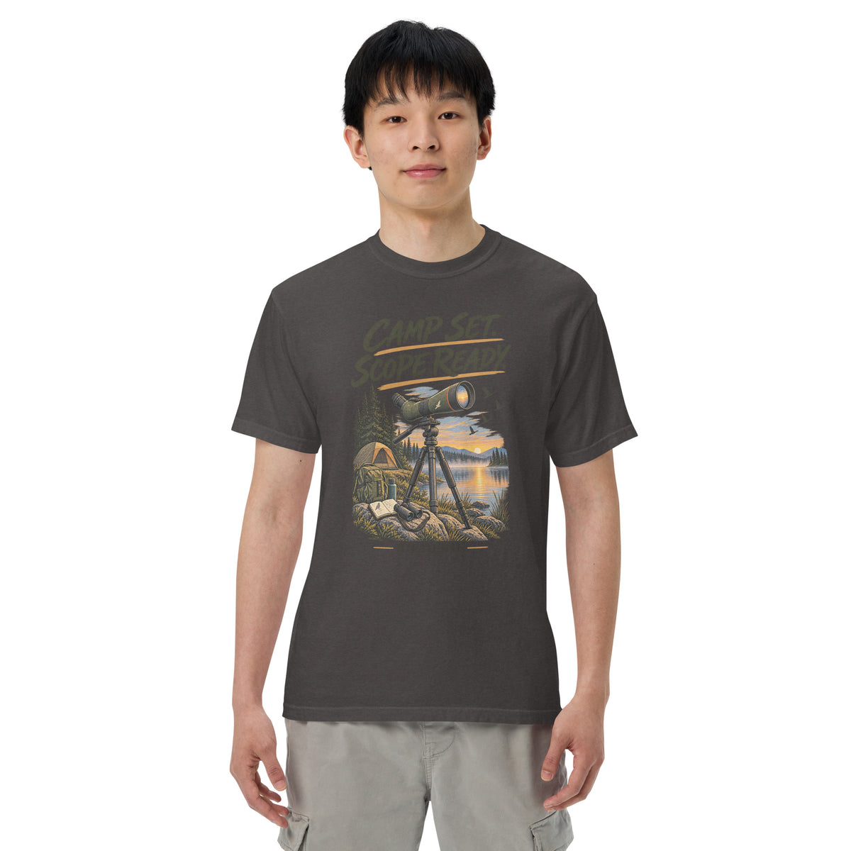 Camp Set Scope Ready T-Shirt in Graphite, front view premium-quality garment detail