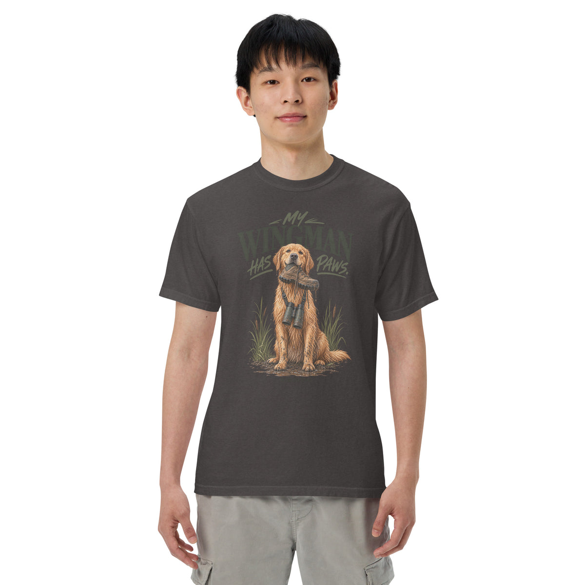 My Wingman Has Paws Retriever T-Shirt in Graphite, front view premium-quality garment detail