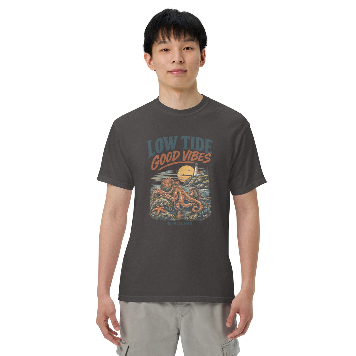 Low Tide Good Vibes Octopus T-Shirt in Graphite, front view premium-quality garment detail