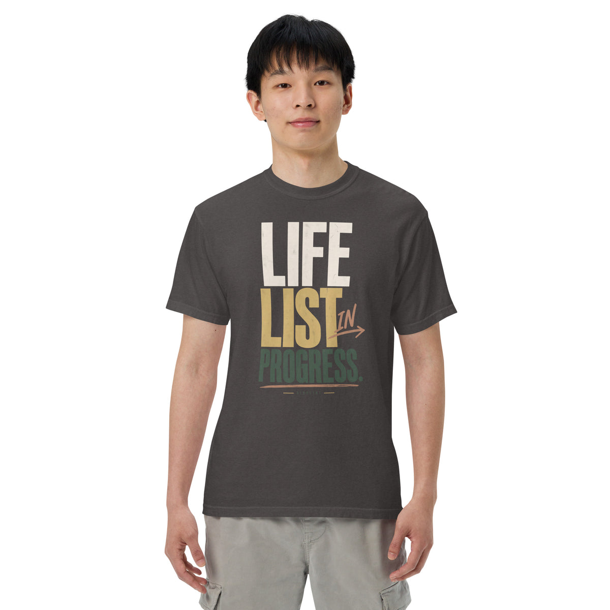 Life List in Progress T-Shirt in Graphite, front view premium-quality garment detail