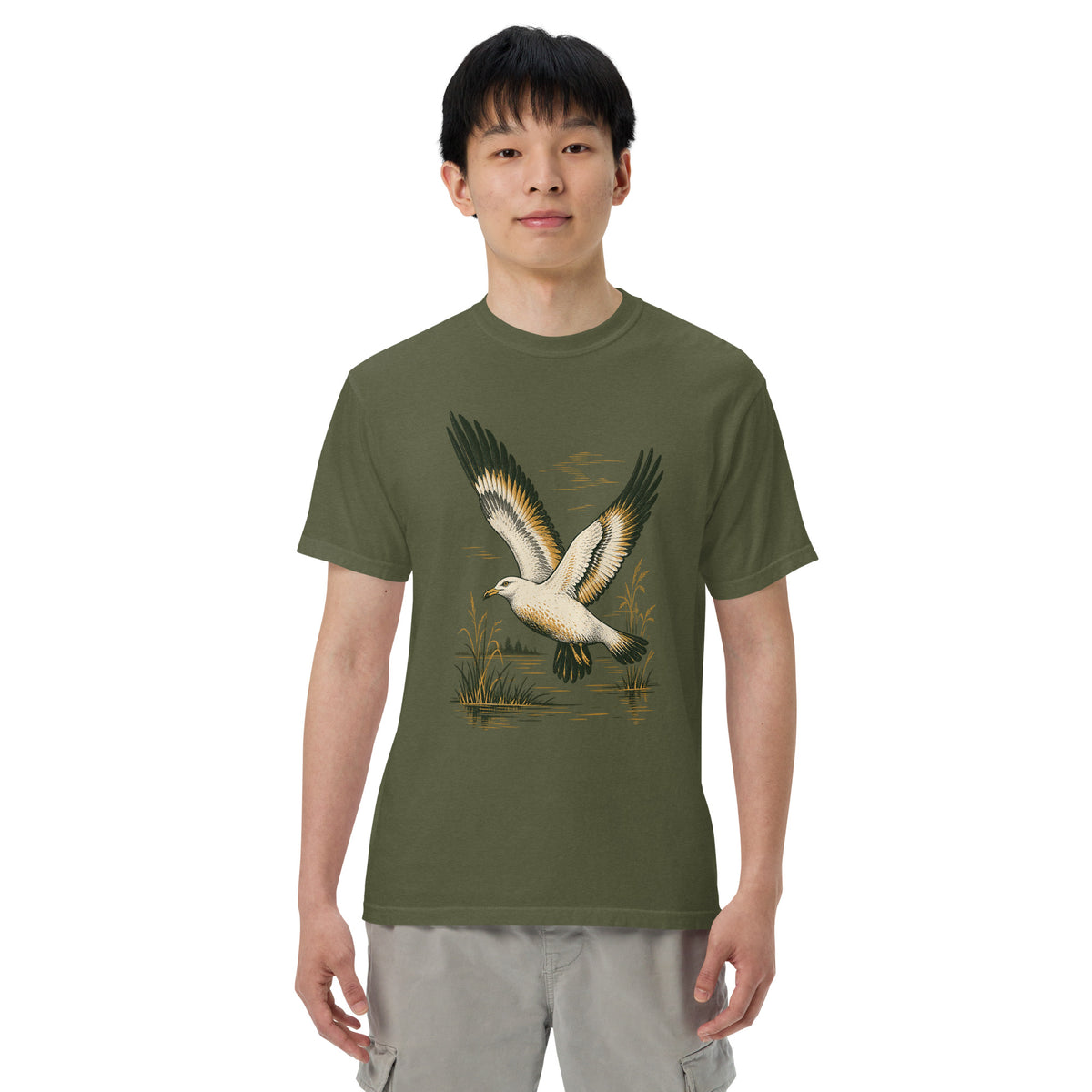 Coastal Gull T-Shirt in Hemp, front view premium-quality garment detail