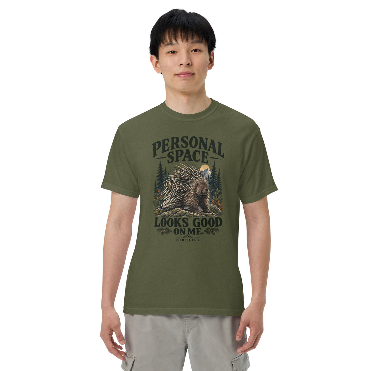 Personal Space Looks Good on Me Porcupine T-Shirt in Hemp, front view premium-quality garment detail