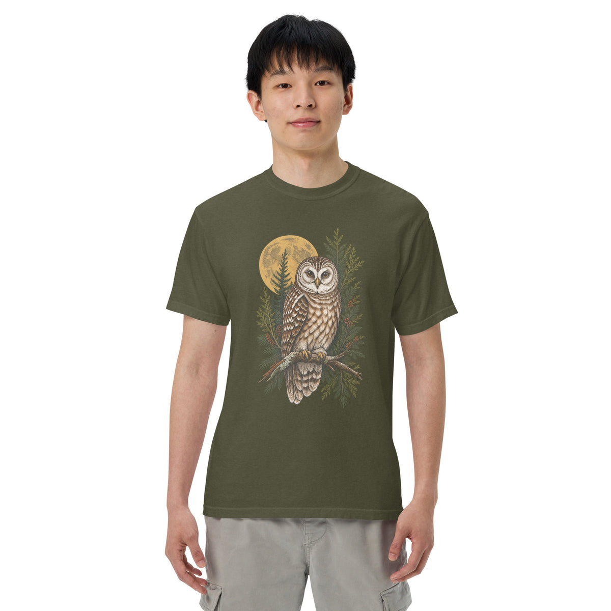 Woodland Owl Moon T-Shirt in Sage, front view premium-quality garment detail
