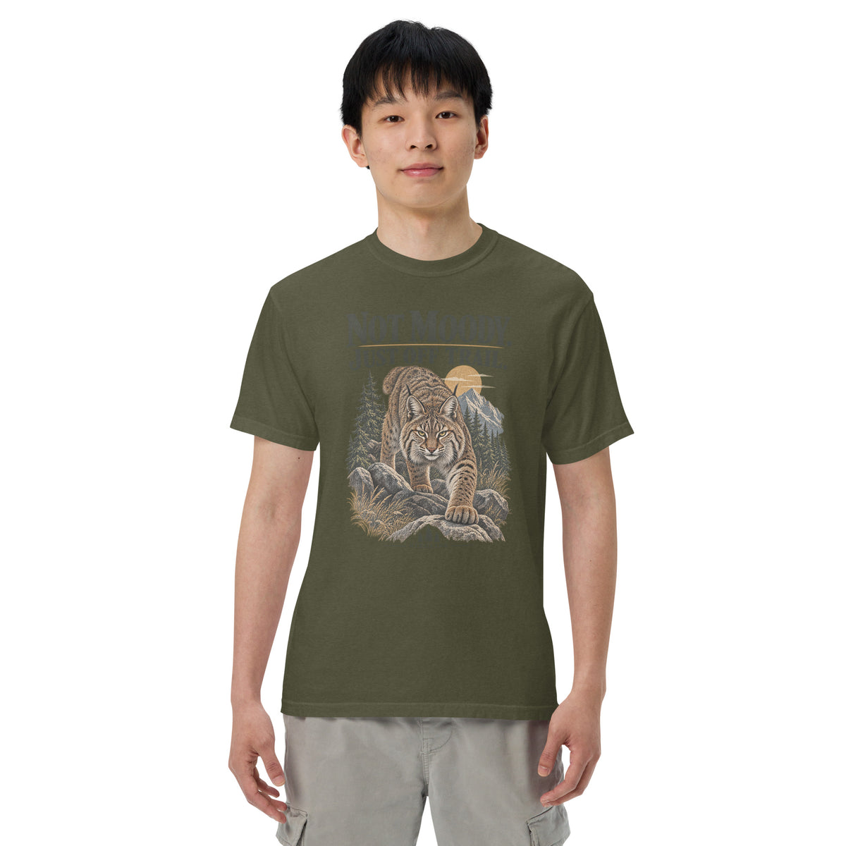 Not Moody Just Off Trail Lynx T-Shirt in Sage, front view premium-quality garment detail