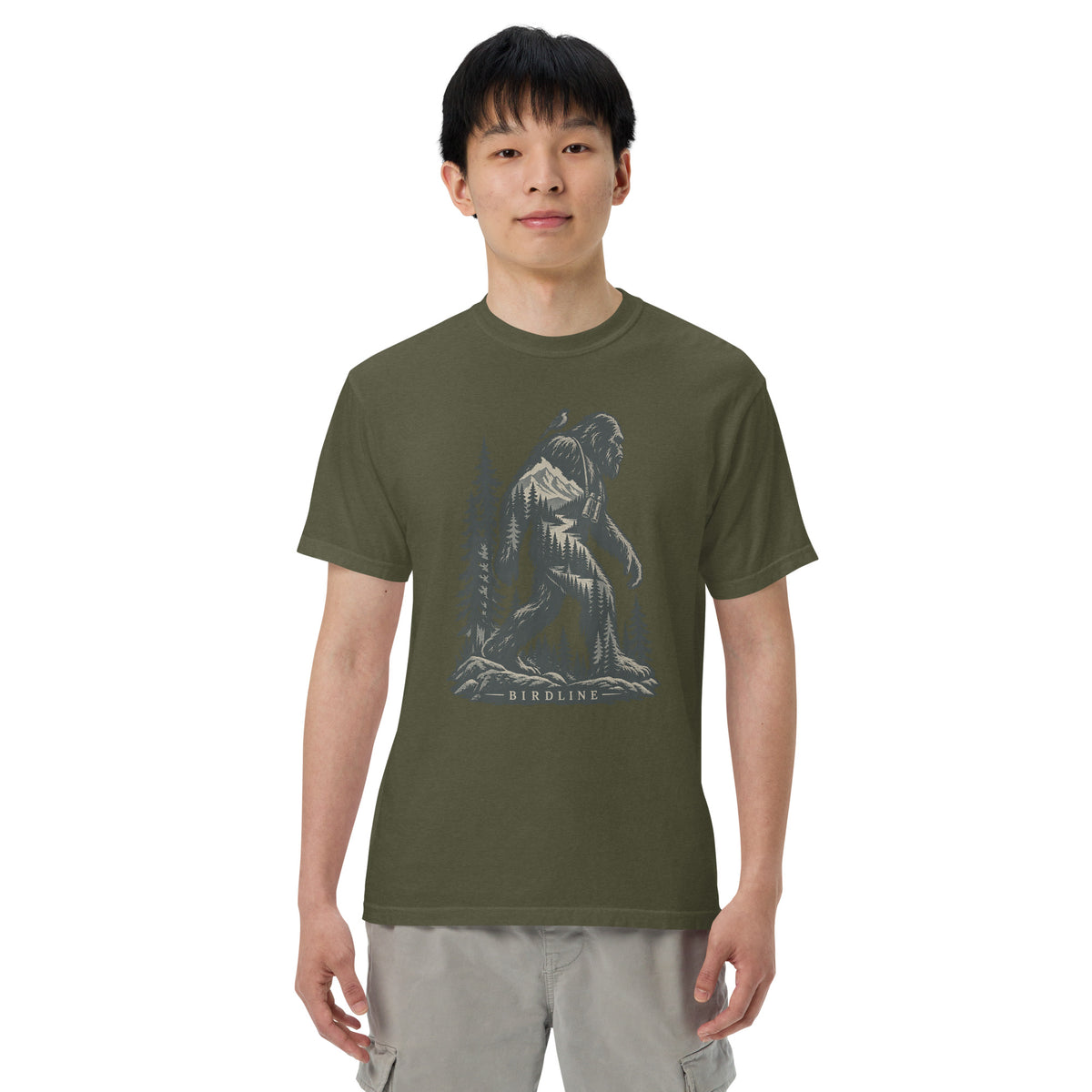 Bigfoot Forest T-Shirt in Sage, front view premium-quality garment detail