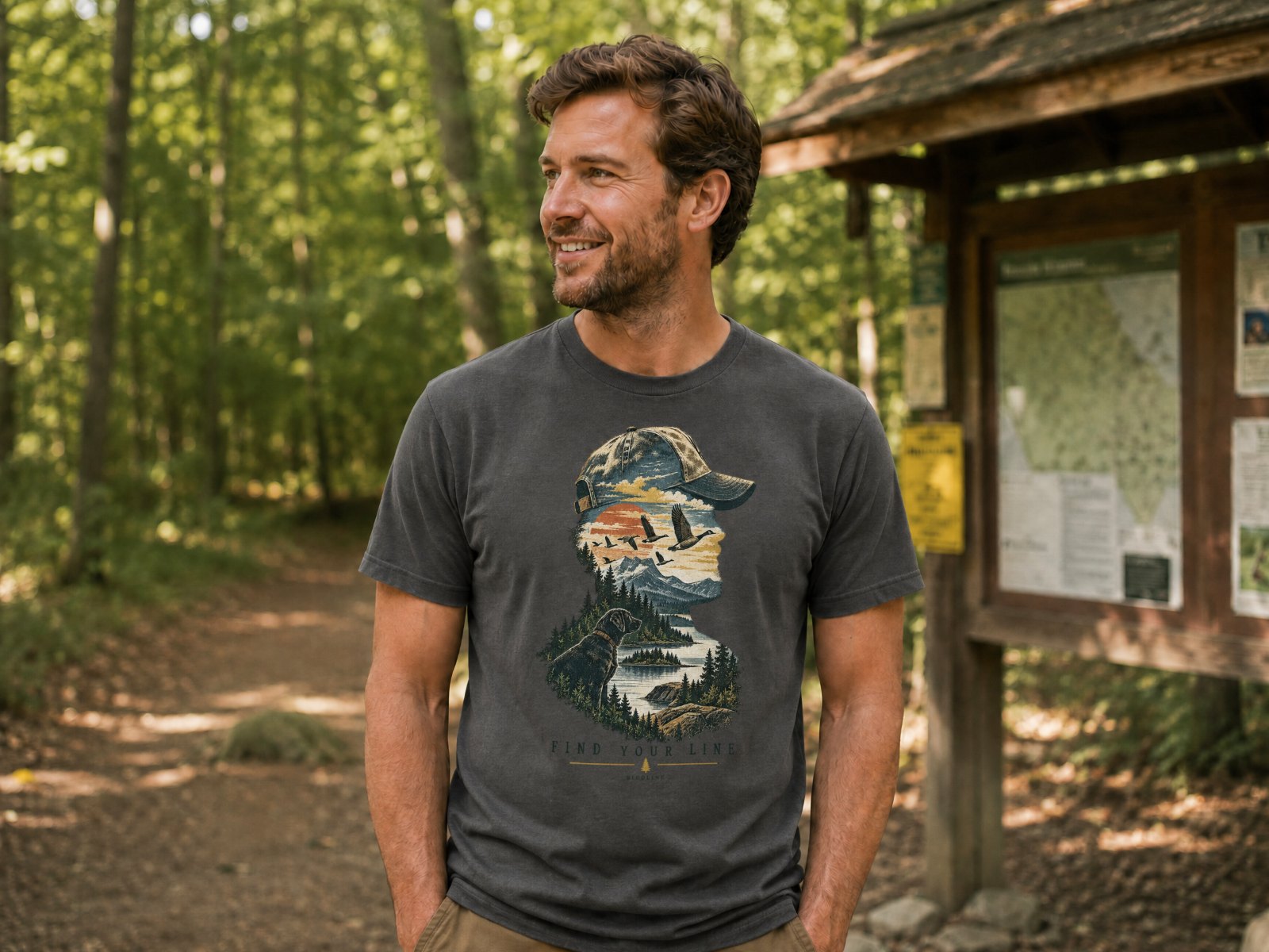 Birder at a woodland trailhead wearing the Find Your Line tee in pepper