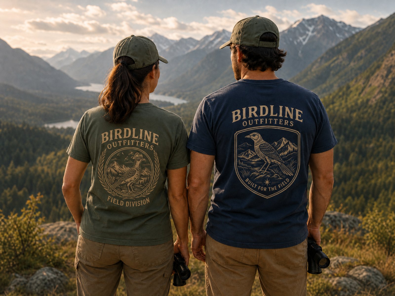 Two birders at a mountain overlook wearing the Field Division and Built for the Field back prints