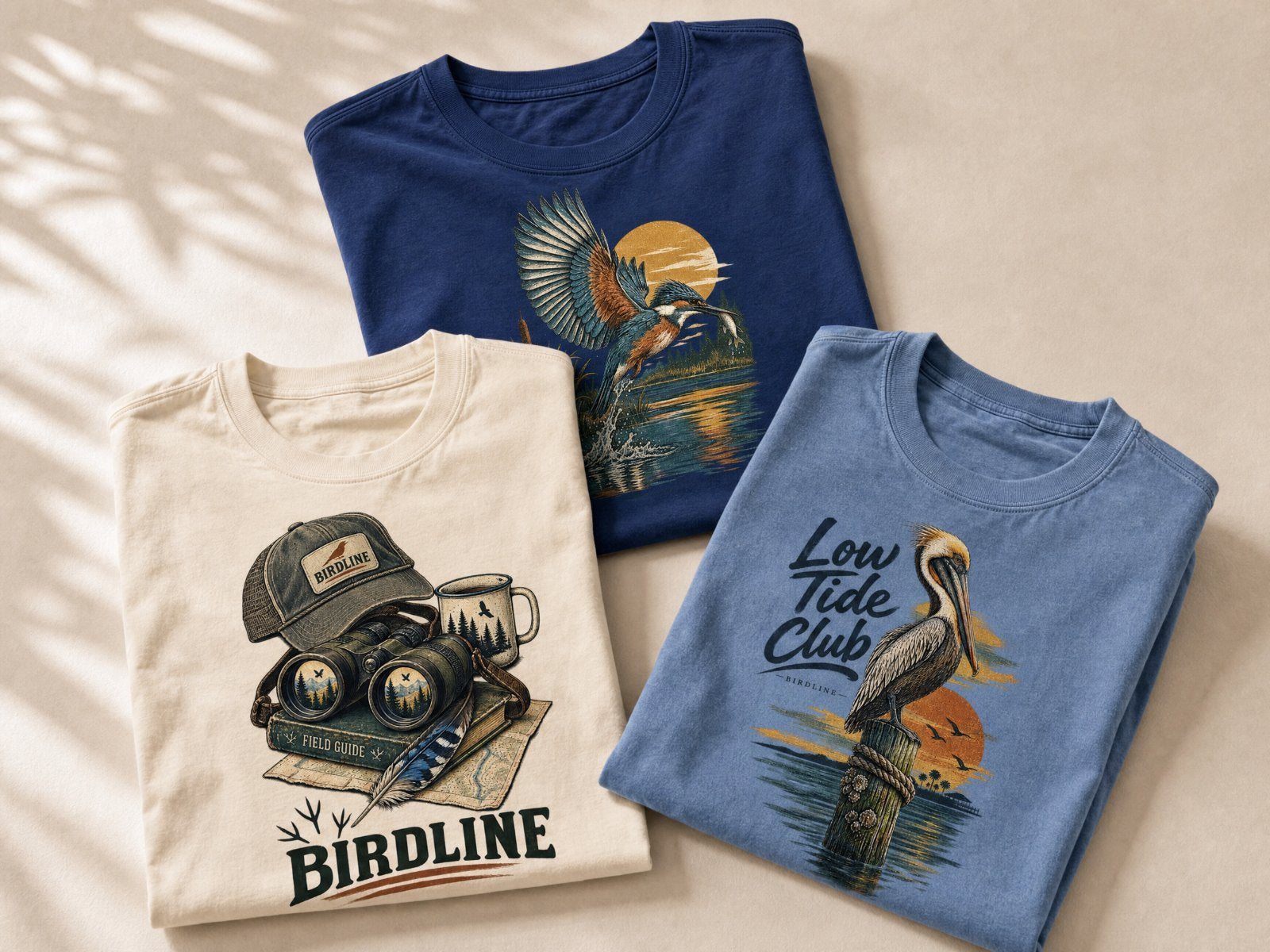 Three folded Birdline tees: Kingfisher Sunset in true navy, Birdline Field Guide Kit in ivory and Low Tide Club in washed denim