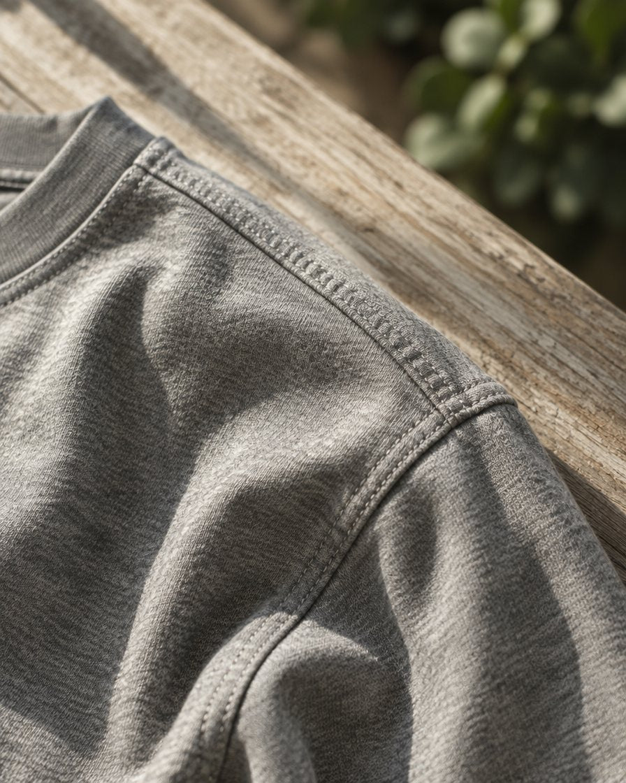Close-up of the taped shoulder seam on a grey long sleeve shirt