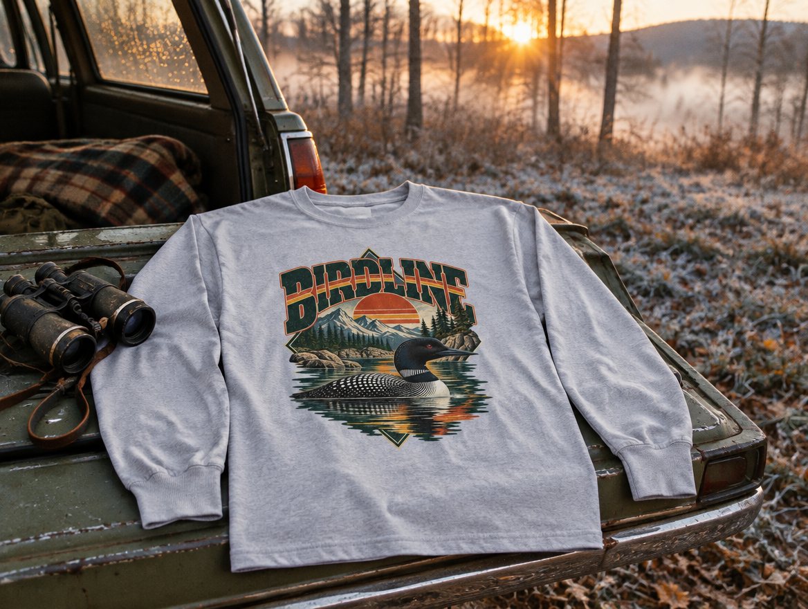 Loon Lake long sleeve laid across a tailgate on a frosty dawn